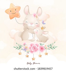 Cute doodle bunny with floral illustration