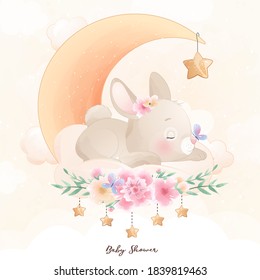 Cute doodle bunny with floral illustration