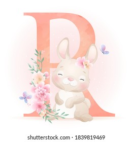 Cute doodle bunny with floral illustration