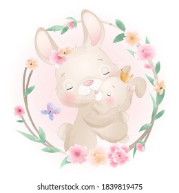 Cute doodle bunny with floral illustration