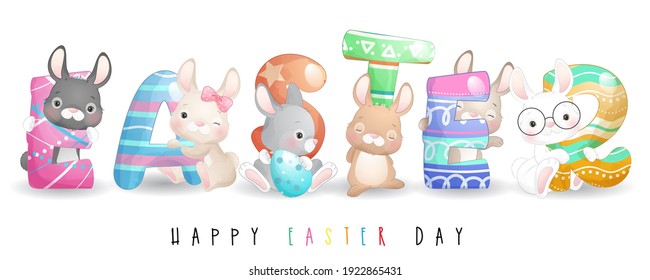 Cute doodle bunny for happy easter day illustration