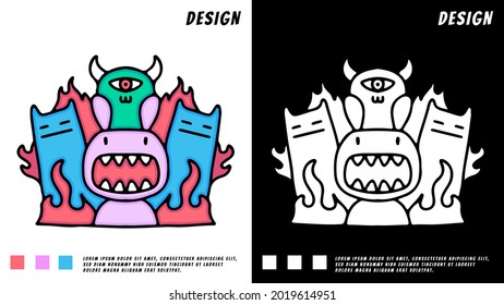 cute doodle of bunny monsters, cat, and devil. illustration for t shirt, poster, logo, sticker, or apparel merchandise.