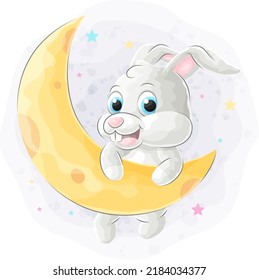 Cute doodle bunny on the moon with watercolor illustration