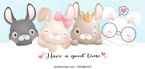 Cute doodle bunny with watercolor illustration