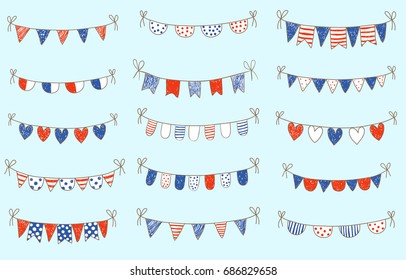 Cute doodle buntings in blue and red colors for nautical decor or fourth of july designs