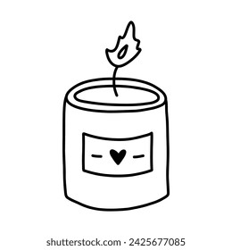 Cute doodle of burning aroma candle with label. Trendy wax candle for spa therapy, relaxation, romance, hygge home decoration. Simple clipart with hand drawn outline isolated on white.