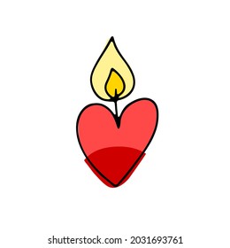 Una vela de doodle en forma de corazón. Decoración de color rojo dibujado a mano aislada en un fondo blanco. Festividades, San Valentín, cumpleaños, símbolo de amor, spa. Ilustración romántica vectorial