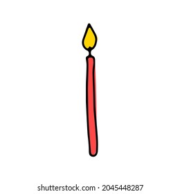 Cute doodle burning long candle. Hand-drawn color decor isolated on white background. Holiday, Valentines Day, Birthday, Christmas, spa, church line symbol. Vector festive romantic illustration