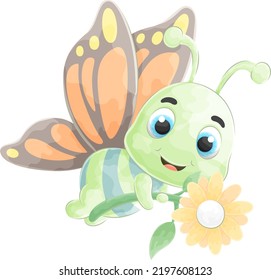 Cute doodle a butterfly with watercolor illustration