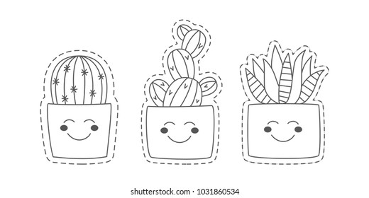 Cute doodle cactus succulent in pot lone outline vector set