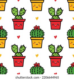 Cute doodle cactus, succulents in pot character and red hearts vector seamless pattern background.