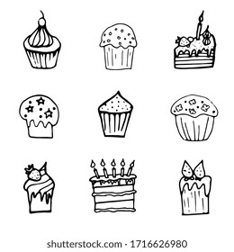 Cute doodle cake icons. Cake, cupcake, cake, coolie. Drawings for cafe menu, stickers, design. Isolated on white background