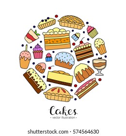 Cute doodle cakes for birthday, easter, party, sweet cafe composed in circle shape with lettering.