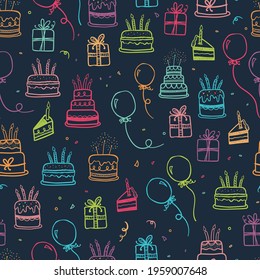 Cute doodle cakes seamless pattern, fun party background, great for Birthday Party, textiles, banners, wallpapers, wrapper - vector design