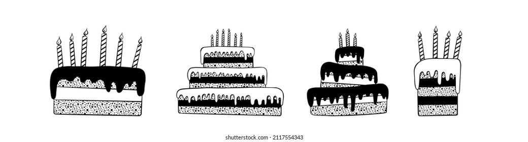 Cute doodle cakes set. Hand drawn dessert isolated on white background. Vector illustration.