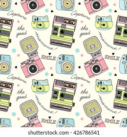 cute doodle camera print, seamless pattern for textile and paper good