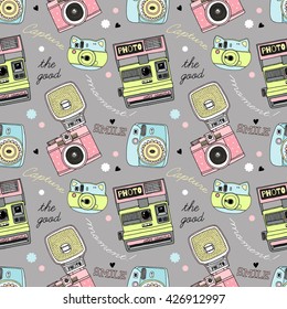 cute doodle camera print, seamless pattern for textile and paper good