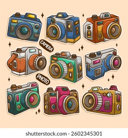 Cute doodle camera sticker collection set with hand draw style
