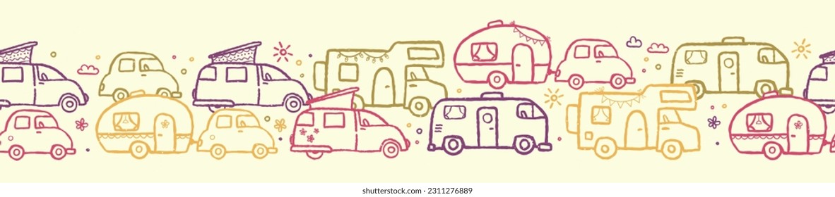 Cute doodle Camper Vans, Caravans and Motorhomes - seamless pattern, hand drawn background, great for textiles, banners, wallpapers.