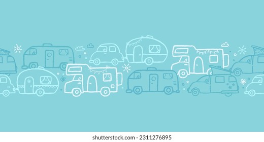 Cute doodle Camper Vans, Caravans and Motorhomes - seamless pattern, hand drawn background, great for textiles, banners, wallpapers.