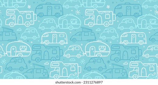 Cute doodle Camper Vans, Caravans and Motorhomes - seamless pattern, hand drawn background, great for textiles, banners, wallpapers.