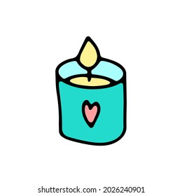Cute doodle candle in blue glass. Hand-drawn outline home decor with heart label isolated on white background. Holiday, Valentines Day, Birthday, love, SPA symbol. Vector festive romantic illustration