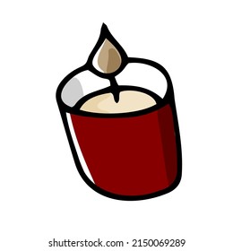 Cute doodle candle in red glass. Hand-drawn line home decor isolated on white background. Cozy hygge interior decoration. Holiday, Birthday, handmade, love, SPA symbol. Vector festive illustration