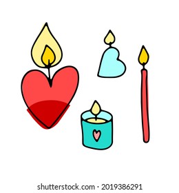 Se montan velas de doodle. Decoración a mano de diferentes formas con corazones aislados de fondo blanco. Festividades, San Valentín, cumpleaños, símbolo de amor, spa. Ilustración romántica vectorial
