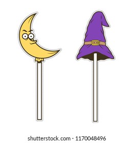 Cute doodle candy crescent moon, witch hat for sticker or patch