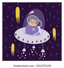 Cute doodle captain cat in space suit sitting in flying saucer exploring space card or poster. Flat design vector illustration