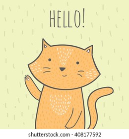 Cute doodle card with a cat that says hello. Vector illustration for invitations, brochures, birthday cards. Cartoon style.