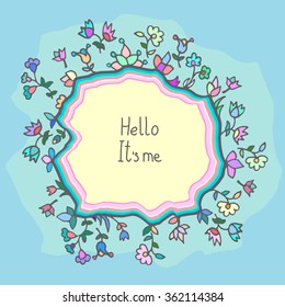 Cute doodle card with floral background and empty space for text. Template, greeting card, invitation, Valentines day