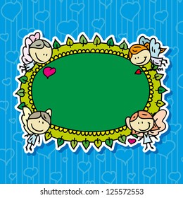 Cute doodle card frame with happy amur angels with love valentine hearts