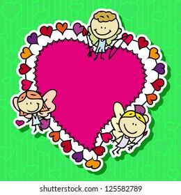 Cute doodle card frame with happy amur angels with love valentine hearts