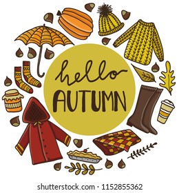 Cute doodle card with hand drawn autumn elements. Concept of cozy autumn.