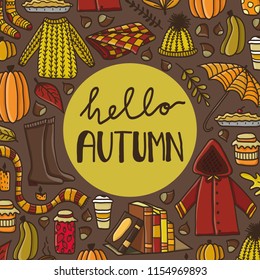 Cute doodle card with hand drawn autumn elements. Concept of cozy autumn.