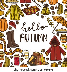 Cute doodle card with hand drawn autumn elements. Concept of cozy autumn.