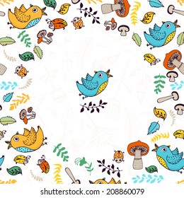 Cute doodle card made in vector with birds, leaves, mushrooms. Autumn forest template.
