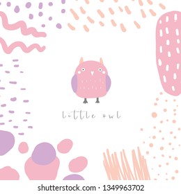Cute doodle card, postcard, tag, poster with colorful owl, abstract elements. Funny pink, purple background in childish style with bird for kids