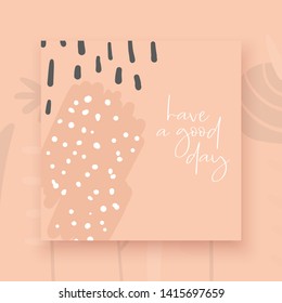 Cute doodle card, postcard, tag, poster, invitation with abstract elements, text space. Funny girly background in childish style