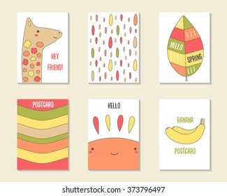 Cute doodle cards, brochures, invitations with giraffe, leaf, stripes, drops, sun, banana. Cartoon characters, objects background. Printable templates set
