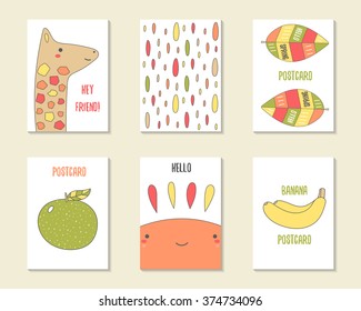 Cute doodle cards, brochures, invitations with giraffe, leaf, apple, drops, sun, banana. Cartoon characters, objects background. Printable templates set