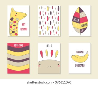 Cute doodle cards, brochures, invitations with giraffe, leaf, stripes, drops, sun, banana. Cartoon characters, objects background. Printable templates set
