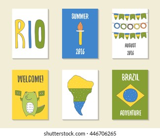 Cute doodle cards, brochures, invitations with brazil flag, continent, rio lettering, flame torch, crocodile, Cartoon objects, animals background. Printable templates set