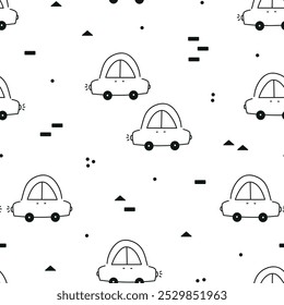 Cute Doodle Cars Seamless Pattern. Childish Background with Transportation. Design for kids. Black and White Vector illustration.
