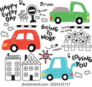 bonitinho doodle carros vetor conjunto