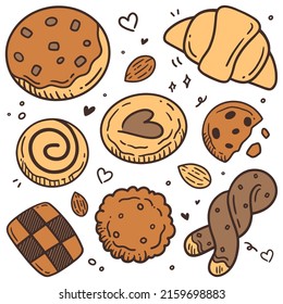 Cute doodle cartoon bakery and cookie set. Hand drawn isolated vector illustration