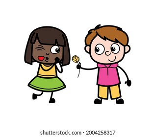 Cute Doodle Cartoon Boy giving flower to black girl