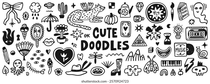 Cute doodle cartoon characters and abstract elements. Hand drawn vector set. Illustration elements for decor, pattern, poster, card or sticker design.