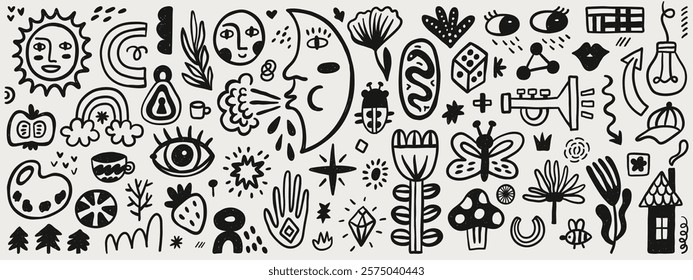 Cute doodle cartoon characters and abstract elements. Hand-drawn vector set. Contemporary modern trendy vector collection. Illustration elements for decor, pattern, poster, card or sticker design.